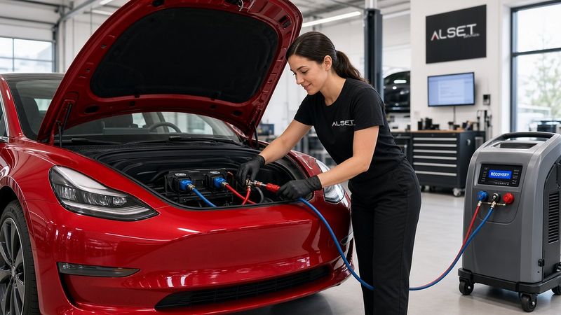 Technician connecting an A/C service machine to a red Tesla Model 3 with the hood open