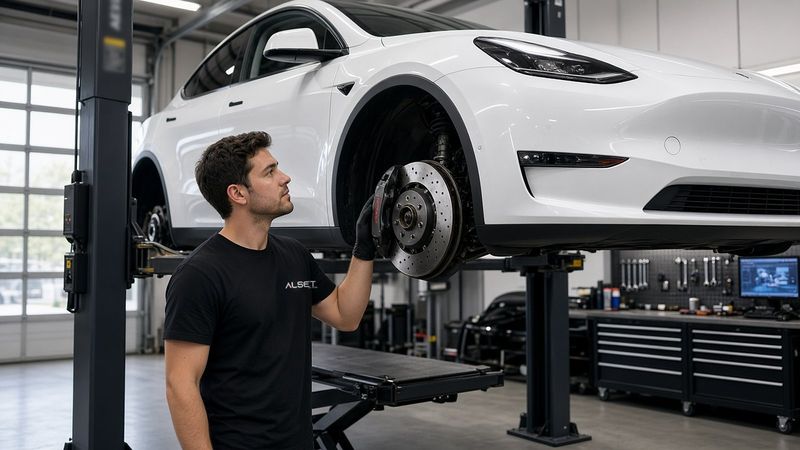Technician checking the front brake rotor of a white Tesla Model Y on a lift