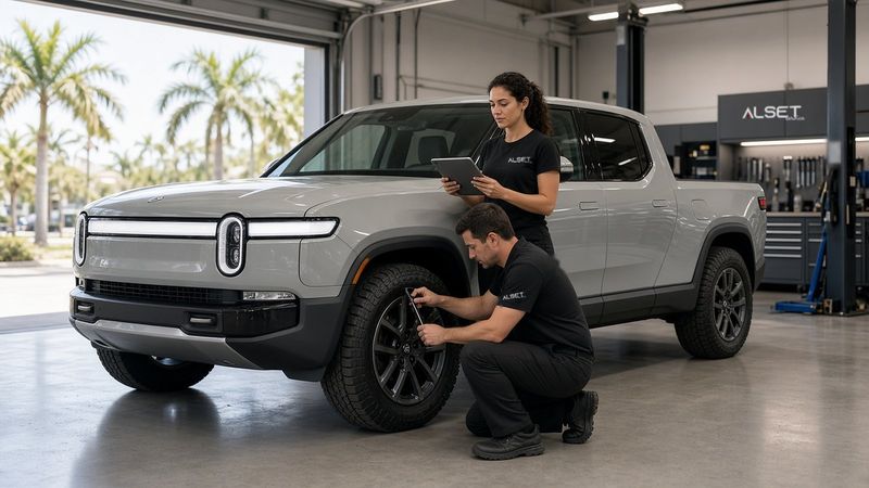 Two technicians inspecting a grey Rivian R1T, one checking a front wheel and one holding a tablet