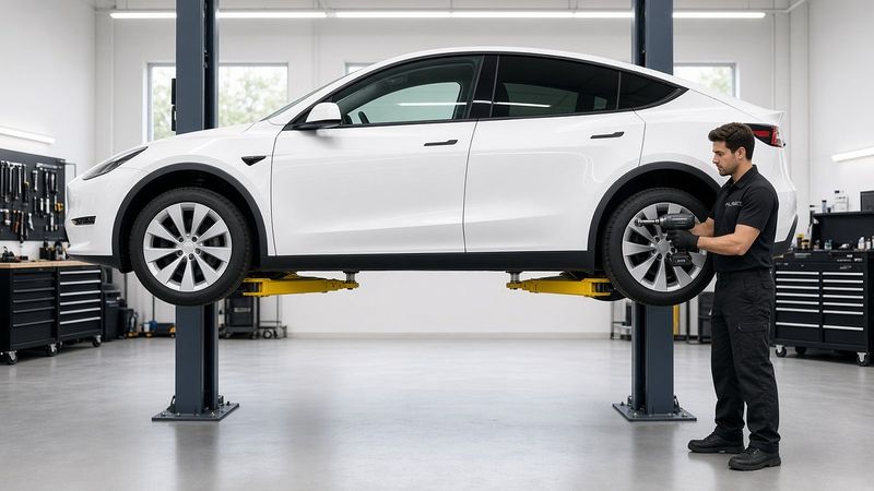 Technician using an impact wrench on the rear wheel of a white Tesla Model Y raised on a two-post lift